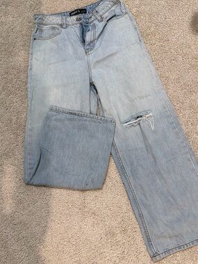 Light Blue Flare Wide-Leg Jeans with Knee Distress